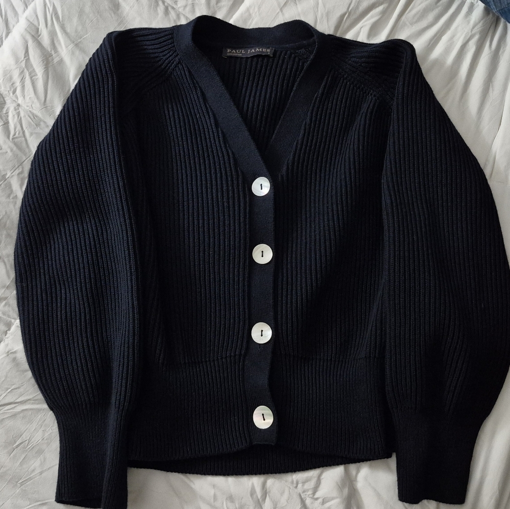 Luxury Cotton Cardigan, Shell Buttons, EUC, Oversized S